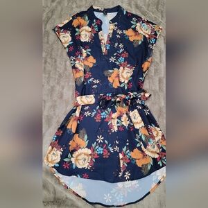 Clasi Striped & Floral Print Notched Neckline Belted Shirt Dress